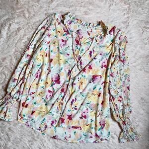 Watercolor Pastel Floral Coquette Soft Girl‎ Delicate Smocked Ruffle Blouse
